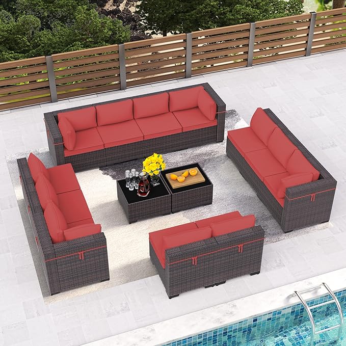 Outdoor Patio Furniture Set, 14 Pieces Outdoor Furniture All Weather Patio Sectional Sofa PE Wicker Modular Conversation Sets with Coffee Table,12 Chairs & Seat Clips(Red)