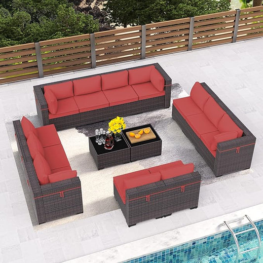 Outdoor Patio Furniture Set, 14 Pieces Outdoor Furniture All Weather Patio Sectional Sofa PE Wicker Modular Conversation Sets with Coffee Table,12 Chairs & Seat Clips(Red)