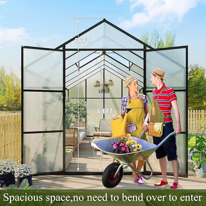 92in High 10*14FT Greenhouse for Outdoors,Polycarbonate Greenhouse with Stronger Wind Protection and Roof Vent,Walk-in Large Aluminum Sunroom Winter Proof,Black
