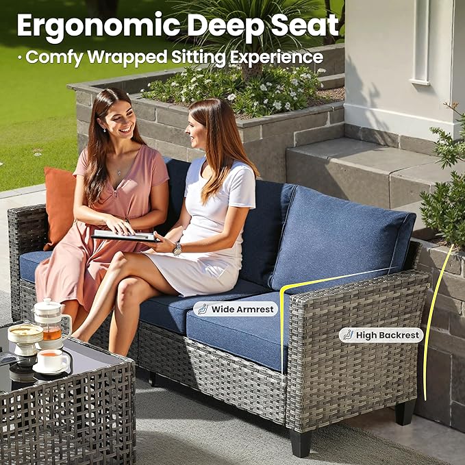 ovios 9 Pieces Patio Furniture Set with 54" Fire Pit Table, Outdoor Sofa Couch with Solar Lights Table Comfy Cushions, Modern Deep Seat Wicker Rattan Conversation Set, Denim Blue