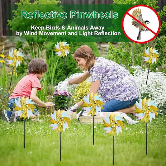 winemana 12 Pcs Reflective Pinwheels Outdoor, Wind Spinners for Yard & Garden, Sparkly Bird Repellent Windmill Scare Birds Away, Deterrent Devices for Outside Patio Lawn Spring Decor (Yellow)