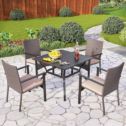 PHI VILLA 5 Piece Outdoor Dining Set for 4, 37" Square Metal Dining Table & 4 Cushioned Rattan Wicker Chairs for Patio, Deck, Yard, Porch