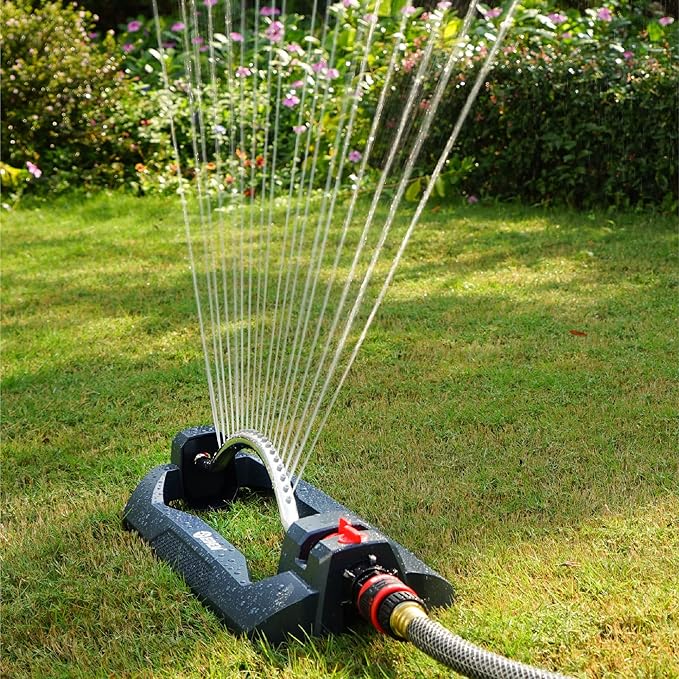 Eden 94106 Turbo Oscillating Sprinkler, Covers Up to 4,000 sq. ft., 18 Precision Nozzles, Weighted Base, Adjustable Range, Flow Control Knob, Quick Connect Bundle, Black, Silver, Red