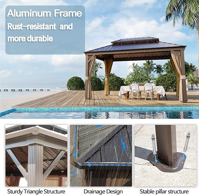 12' x 16' Outdoor Hardtop Gazebo Aluminum Frame with Double Metal Roof, Canopy Netting, Curtain, Patio Permanent Galvanized Steel Gazebo for Backyard, Garden, Party, Deck, Lawn
