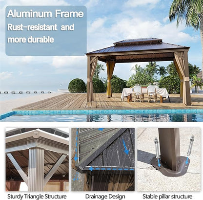 12' x 16' Outdoor Hardtop Gazebo Aluminum Frame with Double Metal Roof, Canopy Netting, Curtain, Patio Permanent Galvanized Steel Gazebo for Backyard, Garden, Party, Deck, Lawn