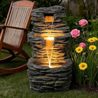 3 Tier Cascading Rock Water Fountain Outdoor Garden,28.74" H Natural Look Outdoor Fountains and Waterfalls with LED Lights for Patio, Deck, Porch, Backyard, Outside and Indoor Home Decor