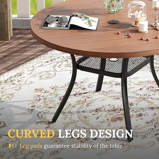 VICLLAX Patio Dining Set for 4, 5 Pieces Outdoor Furniture Includes 40.6" Round Patio Table with Umbrella Hole and 4 Outdoor Swivel Chairs for Lawn Garden, Walnut Tabletop and Mixed Brown Fabric