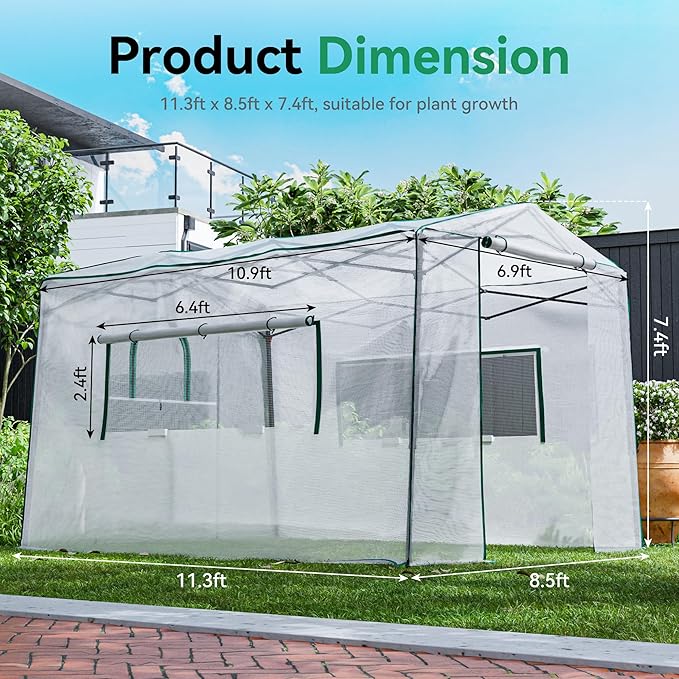 Joyside 12 x 8 FT Outdoor Pop up Greenhouse with Adjutable Reinforced Frame, Durable PE Cover and Mesh Windows, Portable Greenhouse for All Seasons, Easy Set Up (White, 12 x 8 FT)