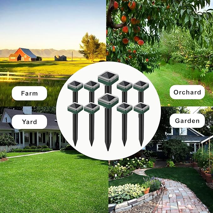 Mole Repellent Solar Powered, 10 Pack Gopher Repellent and Snake Repellent for Yard, Waterproof Ultrasonic Vibration Stakes for Outdoor Lawn Garden to Get Rid of Moles, Voles, Groundhogs, Rodents
