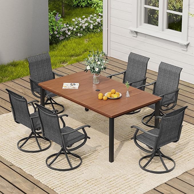 VICLLAX 7 Pieces Outdoor Dining Set, Patio Furniture Set of 6 Patio Swivel Dining Chairs and Rectangular Patio Table, Dark Charcoal Chairs & Walnut Tabletop