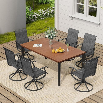 VICLLAX 7 Pieces Outdoor Dining Set, Patio Furniture Set of 6 Patio Swivel Dining Chairs and Rectangular Patio Table, Dark Charcoal Chairs & Walnut Tabletop