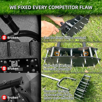 [Bolt-On Base] Lawn Aerator - Kick to Unclog Jammed Springs in 3 Secs! No Welding to Ever Break, 12.2"x6" Wide Plate Saves 20% Time, for Compacted Clay Soil (Pre-Assembled)