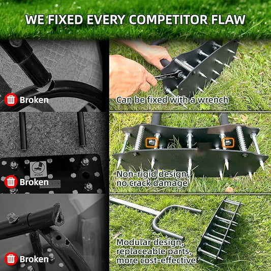 [Bolt-On Base] Lawn Aerator - Kick to Unclog Jammed Springs in 3 Secs! No Welding to Ever Break, 12.2"x6" Wide Plate Saves 20% Time, for Compacted Clay Soil (Pre-Assembled)