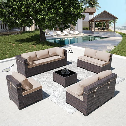 Outdoor Patio Furniture Set, 9 Pieces Outdoor Furniture All Weather Patio Sectional Sofa PE Wicker Modular Conversation Sets with Coffee Table,8 Chairs & Seat Clips(Brown)