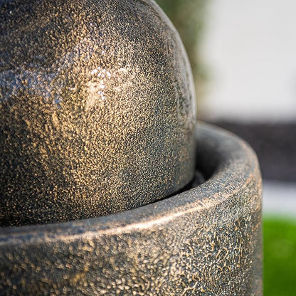 XBrand 25.98" H Brown Round Stone Indoor/Outdoor Modern Sphere Water Fountain w/LED Lights – Ball Bubbling Fountain Décor for Garden, Patio, or Tabletop