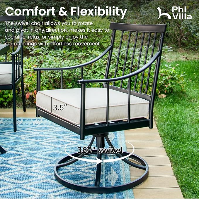 PHI VILLA 7 Pieces Patio Dining Table Set with Cushion for 6, Large Rectangular Metal Dining Table with Umbrella Hole & Cushioned Swivel Iron Chairs for Outdoor, Deck, Yard