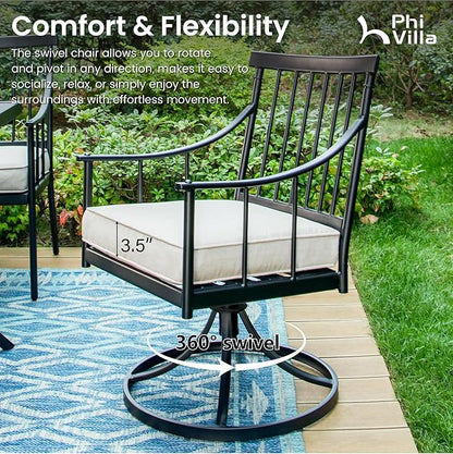PHI VILLA 7 Pieces Outdoor Dining Set for 6, Black Rectangle Wrought Iron Table with Umbrella Hole & Swivel Metal Chairs with Cushions, Modern Furniture for Patio, Deck, Yard, Porch