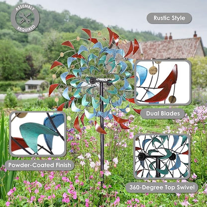 Sunnydaze Rainbow Breezes Metal Garden Wind Spinner - Removable Pole Sections for Adjustable Height - Dual-Motion Blades - 84" H