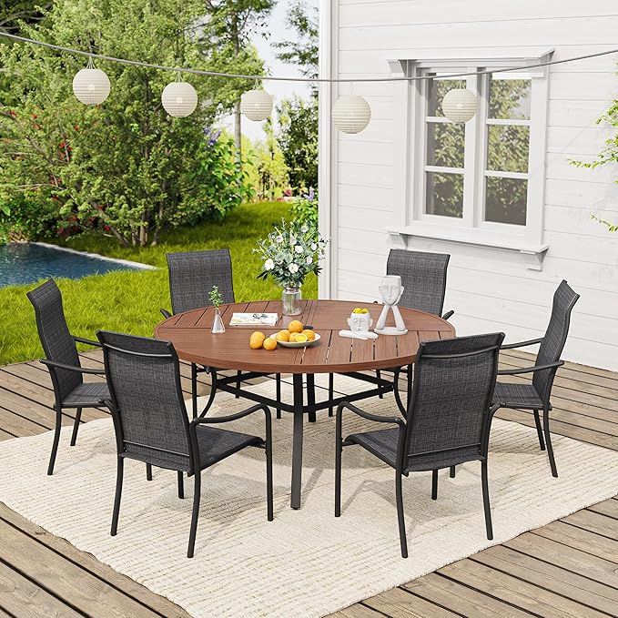 VICLLAX Outdoor Patio Round Dining Table, 54"x 54" Spliced Metal Tabletop for Deck Lawn Garden Backyard, Walnut