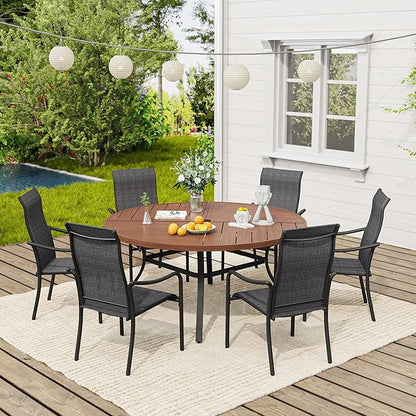 VICLLAX Outdoor Patio Round Dining Table, 54"x 54" Spliced Metal Tabletop for Deck Lawn Garden Backyard, Walnut