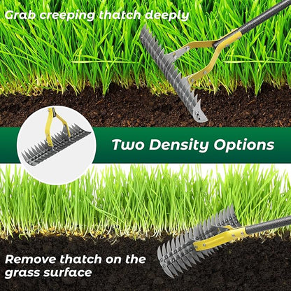 Thatch Rake,55 Inch Heavy Duty Lawn Thatching with Adjustable Stainless Steel Handle,Multiple Garden Rake for Leaves,Lawn Loosening Soil,Backyard,Garden
