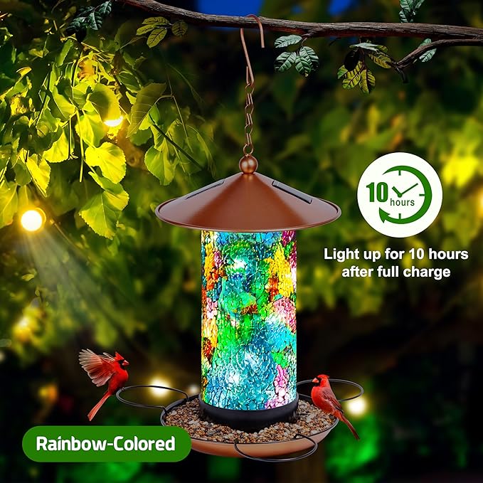 XDW-GIFTS Mosaic Solar Wild Bird Feeder, Waterproof Lantern Shape with S-Hook & 4 LED Lights, Garden Decor for Lawn, Patio, Balcony, Yard Ornament - Unique Gifts for Mom, Women, Grandma, Bird Lovers