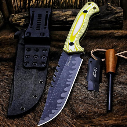 BA-KOR 12.4in Full Tang Fixed Blade Hunting Knife – 6mm 9CR18MoV Steel, G10 Handle, Stonewashed Sawback Blade with Kydex Sheath & Fire Starter for Outdoor, Camping, Survival (White and yellow stripes)