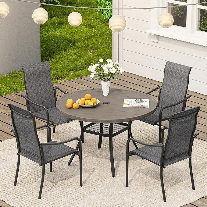 VICLLAX Outdoor Patio Round Dining Table, 41"x 41" Metal Slatted Round Tabletop with Adjustable Umbrella Hole for Deck Lawn Garden Backyard, Antique Grey