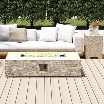 UPHA 56-inch Outdoor Propane Gas Fire Pit Table 50000 BTU Concrete Rectangle FirePit for Outside Patio with Propane Tank Cover, Wind Guad, Blue Glass Rocks, Rain Cover, Beige Texture