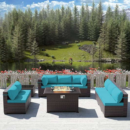 Outdoor Patio Furniture Sets with Propane Fire Pit Table, 10 Pieces Outdoor Furniture Patio Sectional Sofa Conversation Sets w/ETL Approved 43" Gas Outdoor Fire Table & Coffee Table (Turquoise)