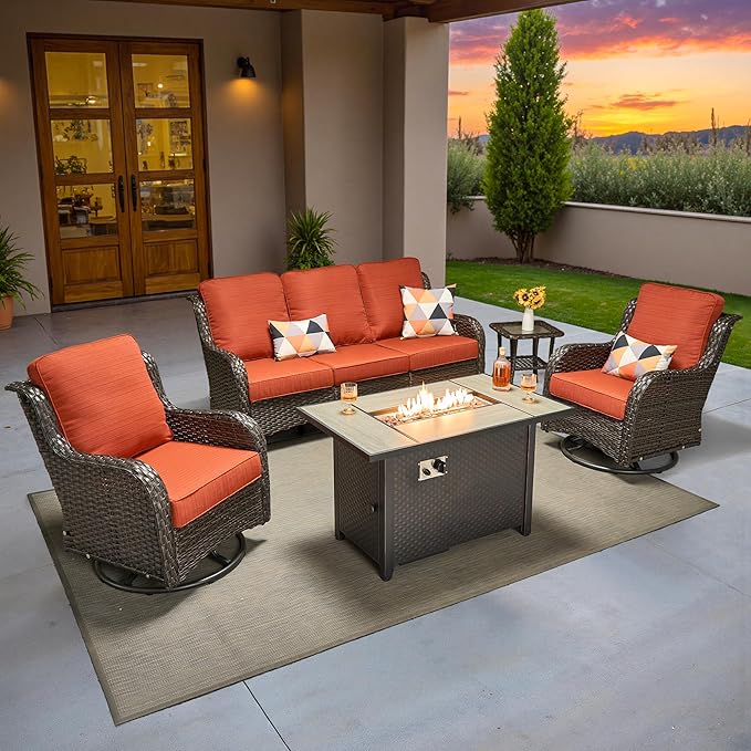 ovios 5 Pieces Patio Furniture Set, Outdoor Wicker Sofa Couch with Swivel Chairs 42" Fire Pit Table, High Back All Weather Modern Conversation Sets, Brown Rattan, Orange Red