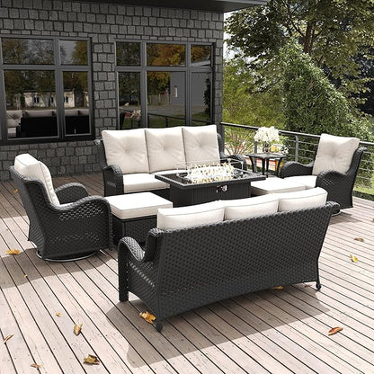 LayinSun 8 Pieces Outdoor Patio Furniture Set with Fire Pit Table, Rattan Wicker Sectional Swivel Rocker Chairs Sets with Ottomans, Swivel Glider Chair and Coffee Table