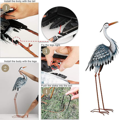 TERESA'S COLLECTIONS Garden Decor Blue Heron Sculptures & Statues Decor, 33.8 Inch Coastal Metal Cranes Decoy for Outdoor Outside Yard Art Patio Pond Pool Lawn Decorations,Housewarming Gift