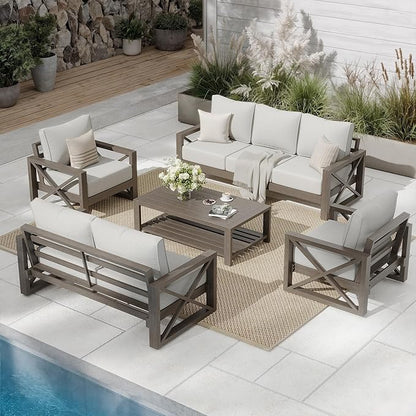 UDPATIO 5 Piece Aluminum Patio Furniture Set Faux Wood Grain Modern Outdoor Furniture Patio Conversation Set with 6" Olefin Fabric Cushions and Coffee Table, 600D Waterproof Cover Included, Light Grey