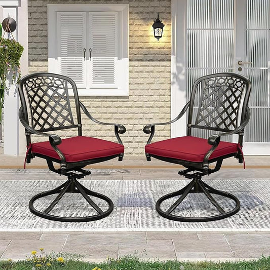 Set of 2 Cast Aluminum Patio Chairs with Cushions, All-Weather Aluminum Outdoor Swivel Chairs, Metal Outdoor Rocking Chairs for Backyard, Poolside and Bistro(Red, 2 Pieces)
