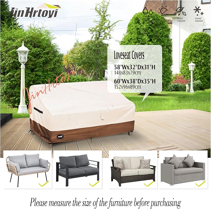 2-Seater Outdoor Couch Cover,60"Wx38"Dx35"H Inches Patio Loveseat Cover,100% Waterproof Heavy Duty Patio Sofa Covers,Patio Furniture Covers,Beige&Brown
