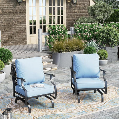 HERA'S HOUSE Outdoor Chairs Set of 2, 2 x Patio Chair with Blue Cushions, All Weather Outdoor Furniture for Lawn Garden Backyard Deck(Rocking Chairs)