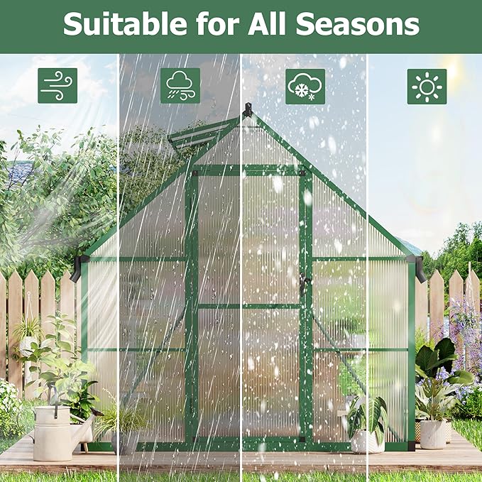 8x12 FT Outdoor Greenhouse, Polycarbonate Greenhouse with Roof Vent and Ground Nails, Aluminum Large Walk-in Green House w/Lockable Push Door for Outside Garden Backyard (Green, 8x12 FT)