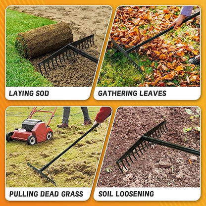 5.4FT Bow Heavy Duty Wide Metal Garden Lawn Rake, 17 Inch Garden Leaf Rake, for Loosening Soil, Raking Leaf, Leveling Rocks, Spreading Mulch Gravel, Rustproof Metal Rakes Garden Tools