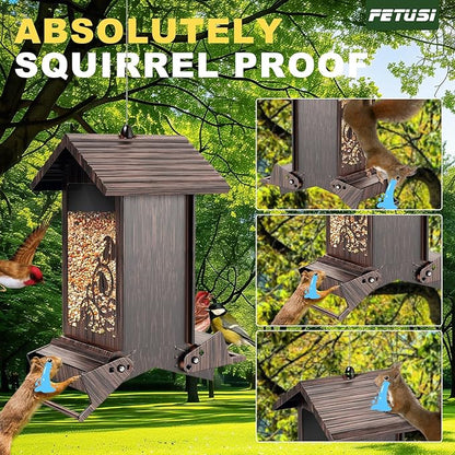 Squirrel Proof Bird Feeder for Outdoor Hanging,Metal Bird Seed Feeder with Bilateral Weight Activated Perches,5LB Large Capacity Wild Bird Feeders for Outside,Easy Refill and Clean,Brown