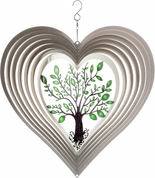 ISEO Silver Heart Wind Spinner for Yard and Garden, Hanging Outdoor Decor, Porch and Patio Decorations, Weather Resistant, 12”