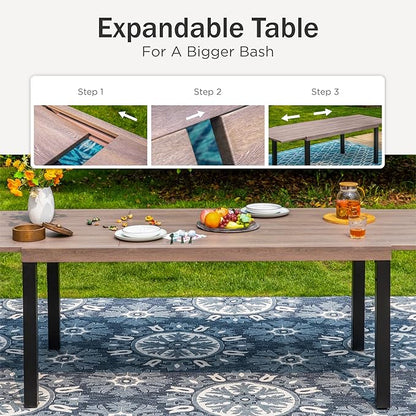 PHI VILLA 9 Piece Patio Dining Set for 8, Expandable Wood-Like Metal Dining Table & Wicker Chairs with Cushions, Large Dining Furniture for Outdoor Deck, Backyard, Porch