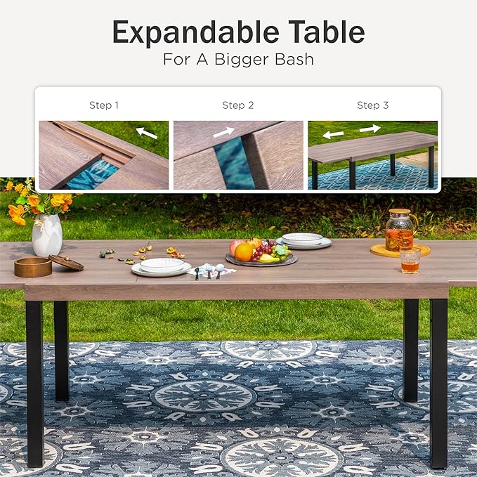 PHI VILLA 7 Piece Patio Dining Set for 6, Expandable Wood-Like Metal Dining Table & Wicker Chairs with Cushions, Large Dining Furniture for Outdoor Deck, Backyard, Porch