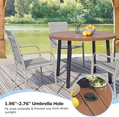 5 Pieces Round Dining Table Set for 4, Patio Dining Set Includes 4 Grey Stackable Patio Chairs and 1 Walnut Round Table, Patio Furniture Sets with Sling Support for Outside, Garden