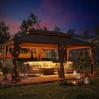 12' X 20' Hardtop Gazebo, Aluminum Wood-Looking Frame Outdoor Permanent Galvanized Steel Double Roof Pavilion Pergola Canopy with Privacy Curtains for Garden, Patio, Backyard, Deck and Lawns.