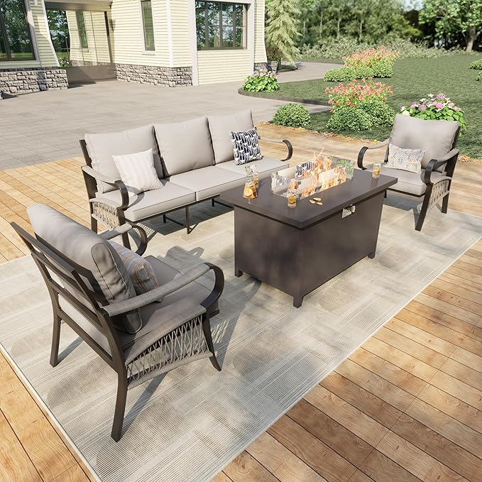 4 Pieces Outdoor Patio Conversation Sets with All Weather Cushions, Metal 3-Seater, 2 Single Chairs, 1 Fire Pit Table for Backyard Deck Porch Poolside, Beige