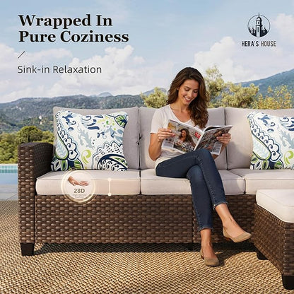 HERA'S HOUSE Patio Furniture Set, 5 Pieces Outdoor Wicker Furniture, All Weather Rattan Patio Conversation Set, Deep Seating Outdoor Sofa Sets for Lawn Deck Backyard, Brown/Beige