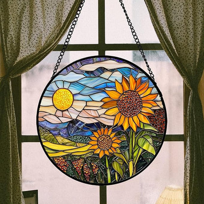 Stained Glass Suncatcher, Sunflower Flowers Landscape Sun Catcher Plant Mountains Stain Glass Window Hanging Decoration Mother's Day Birthday Gifts for Women Men Mom Nana 7.8 in