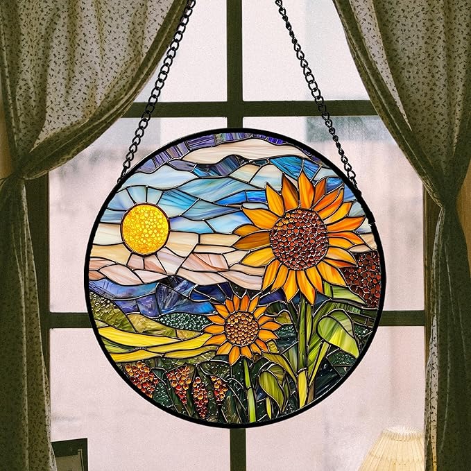 Stained Glass Suncatcher, Sunflower Flowers Landscape Sun Catcher Plant Mountains Stain Glass Window Hanging Decoration Mother's Day Birthday Gifts for Women Men Mom Nana 6.3 in