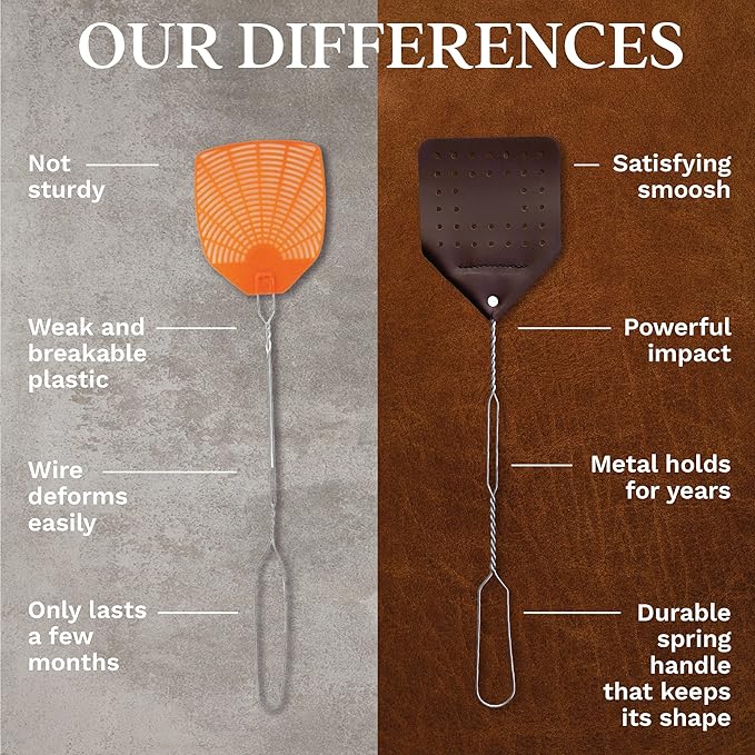 Leather Fly Swatter Set (3 Pack) – 17” Amish-Made Fly Swat w/Real Leather Paddle – Fly Swatters Multi Pack w/Metal Handle – Bug Swatter, Mosquito Swatter, Wasp Swatter (Chocolate)
